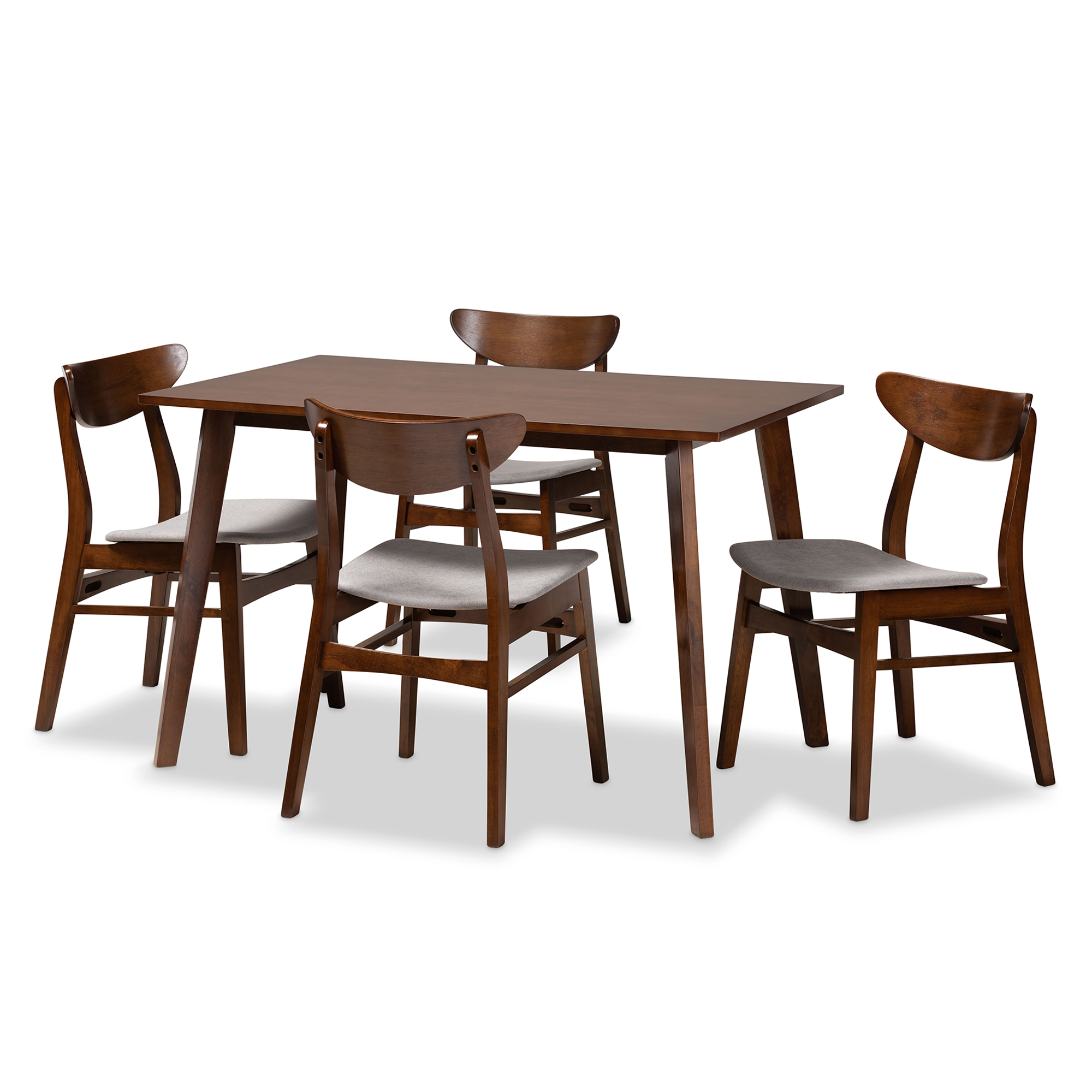 Baxton Studio Orion Mid-Century Modern Transitional Light Grey Fabric Upholstered and Walnut Brown Finished Wood 5-Piece Dining Set